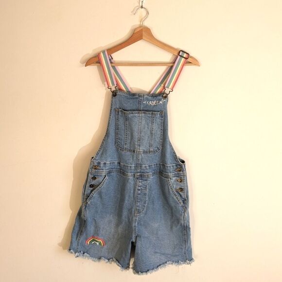 Boho Rainbow Denim Bib Overalls Shortalls - Picture 1 of 6